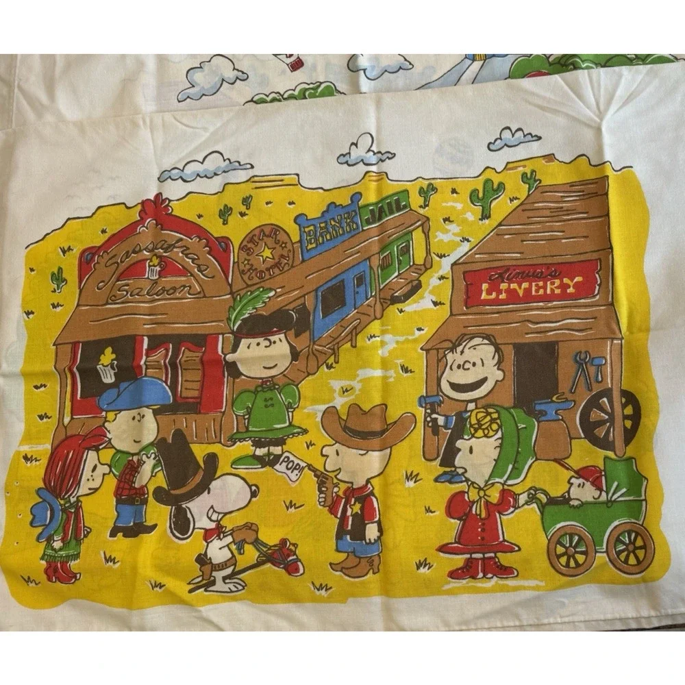 RARE Vintage Peanuts Charlie Brown Snoopy Full Sheet Set Space Camping West 1970